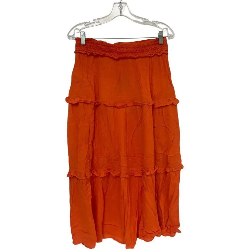 Boden Womens A-Line Skirt UK10P US 6P Orange Midi Tiered Smocked Waist R0393 NWT - Picture 3 of 10
